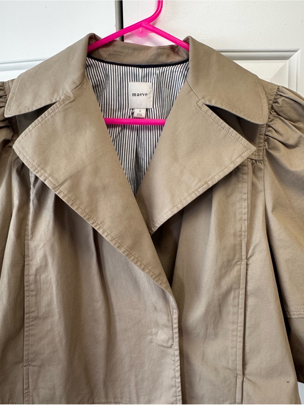 Maeve Beige Puff-Sleeve Trench Coat